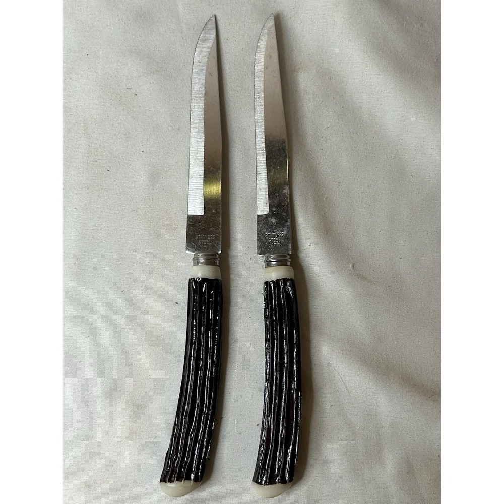 2 Vtg C.A. Dinner Steak Knives Faux Antler Bone Handle Stainless Steel Japan